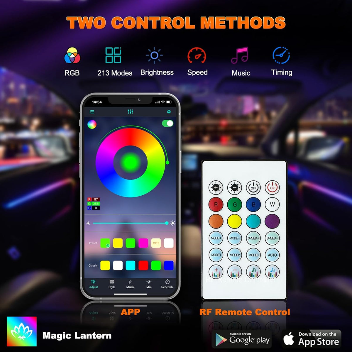 Interior Car LED Strip Lights, Acrylic LED Lights for Car with Dynamic Dreamcolor Chasing, Ambient Lighting Kits Music Sync Wireless APP and RF Remote Control (2 * 29.5'')