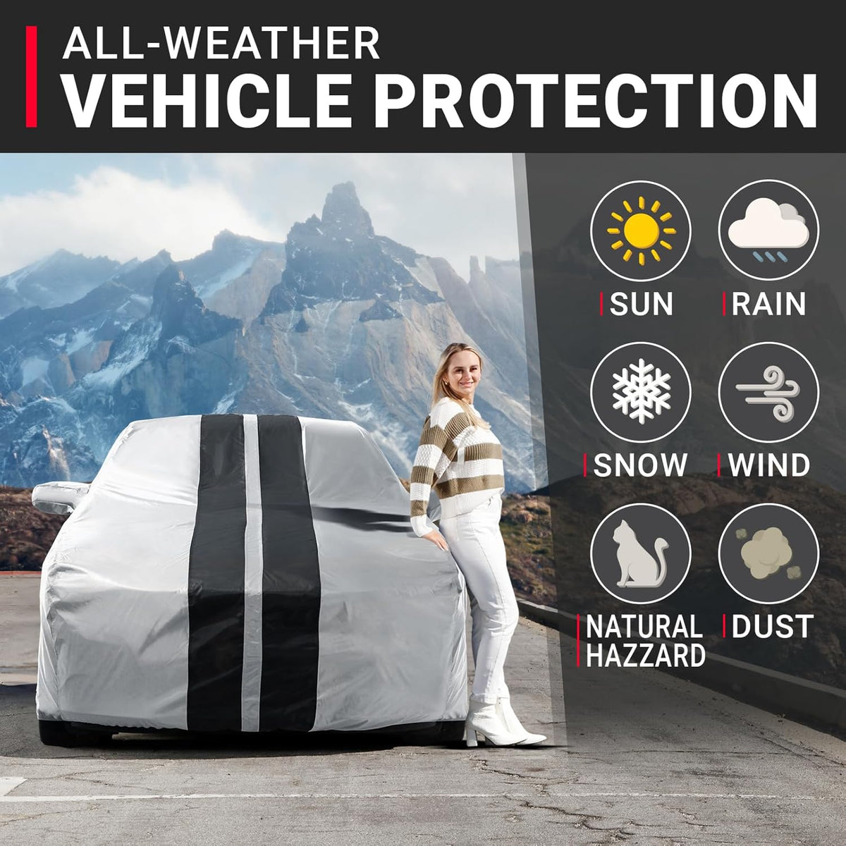 iCarCover Custom Car Cover for Chevy Camaro LT, LS, RS, SS (2010-2024) Waterproof All Weather Rain Snow UV Sun Protector Full Exterior Indoor Outdoor Car Cover (Stripe - Gray/Black)