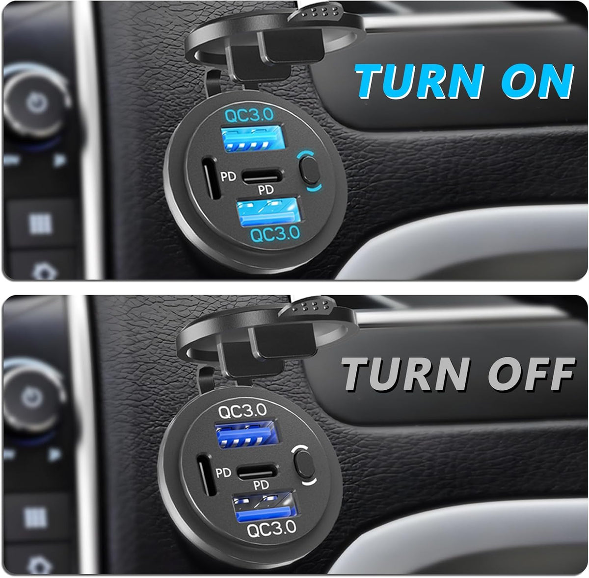 2PCS,Dual PD USB C Ports & Dual USB Quick Charge 3.0 Ports 12V USB Outlet with Switch, VANONE Waterproof and Dustproof Car Charger Socket, Accessories for Car Boat Marine Motorcycle RV ATV Golf Cart