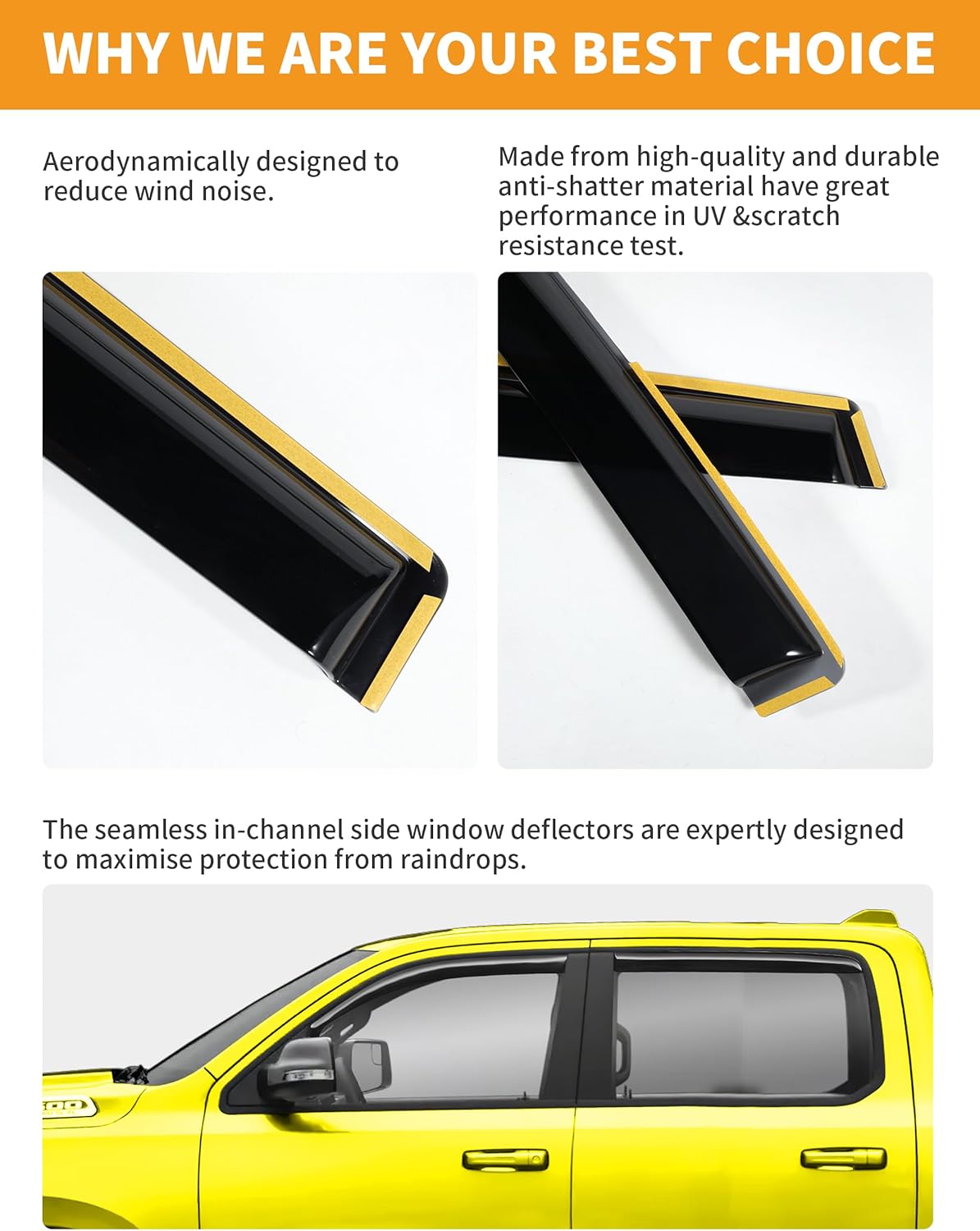 in-Channel Window Rain Guards Fit for Truck Dodge RAM 1500 (New Body Style Includes TRX) 2019-2025 Crew Cab Extra Durable Window Deflectors Vent Visors Shades Exterior Car Accessories
