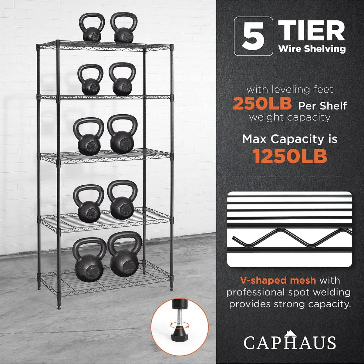 CAPHAUS 3/4/5-Tier Adjustable Height Wire Shelving Unit, Wire Rack Shelving, Metal Steel Storage Shelves, Garage Shelving Storage Organizer, Utility Storage Shelf, 5-Tier Without Wheels, Black