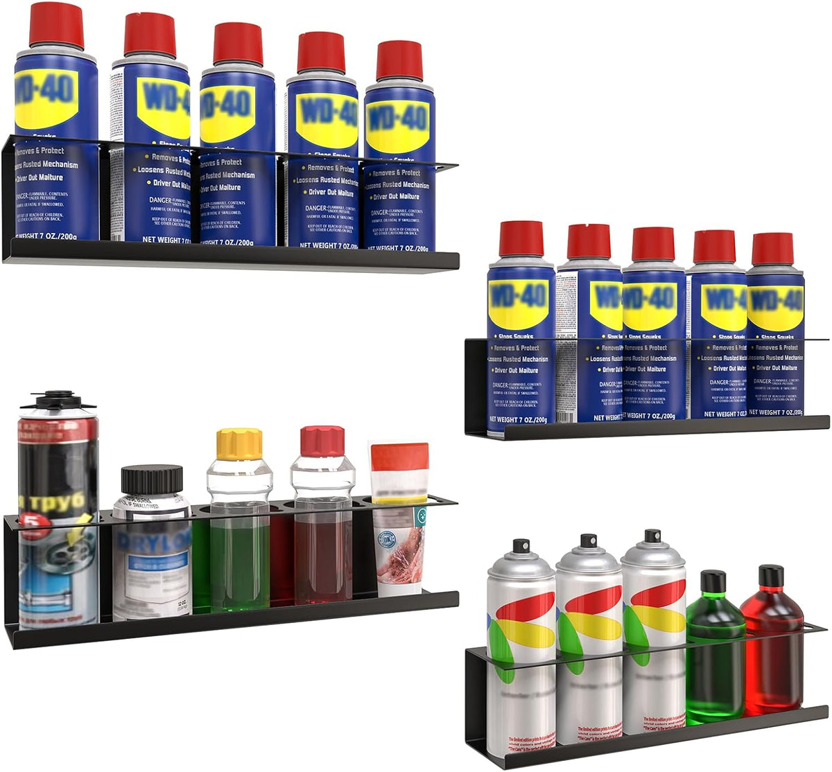 4 Pack Wall-Mounted Spray Bottle Holder, Aerosol Spray Can Holder Storage Rack, Heavy-Duty Paint Bottle Organizer With 20 Holes, Steel Black Spray Rack for Garage, Shop, Home or Tool Trailer