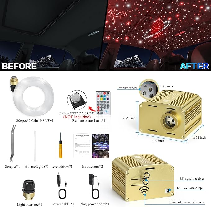 Twinkle Car Starlight Headliner Kit, RGBW 16W 200pcs*0.03in*9.8ft Fiber Optic Star Roof Lights with APP& Remote Controlled, Sound Activated Ceiling Star Lights for Home/Car Decor
