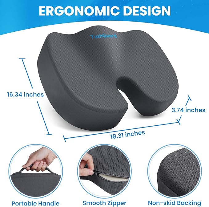 TushGuard Seat Cushion for Office Chair Memory Foam Non-Slip Cushion Back, Relief Chair Pad, Butt Pillow for Office, Car, Computer Desk, Grey, X-Large
