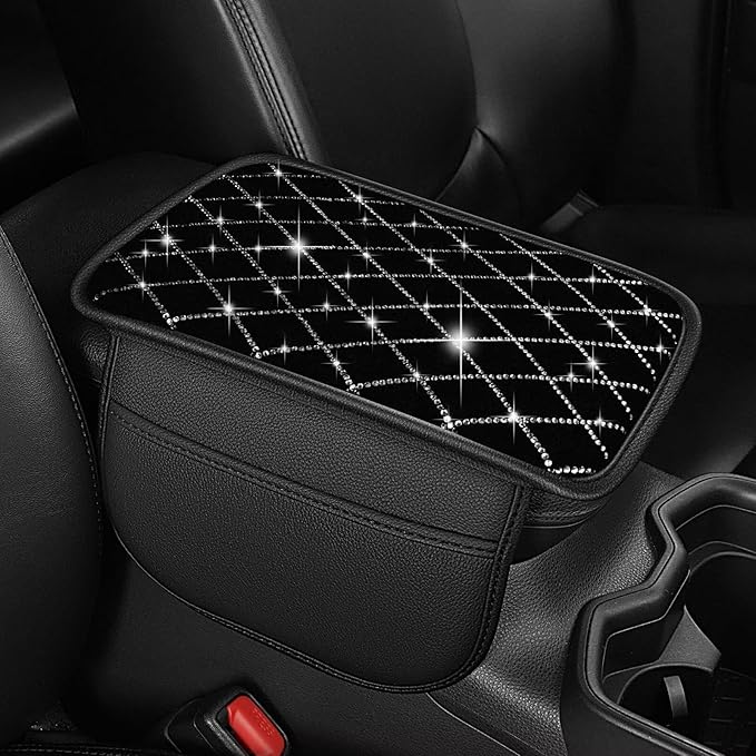 Bling Center Console Cover with 2 Side Pockets Fit for Corolla Multi-Functional Car Armrest Cushion Diamond-Studded Rhombus Pattern Style(Black&Silver Diamond)