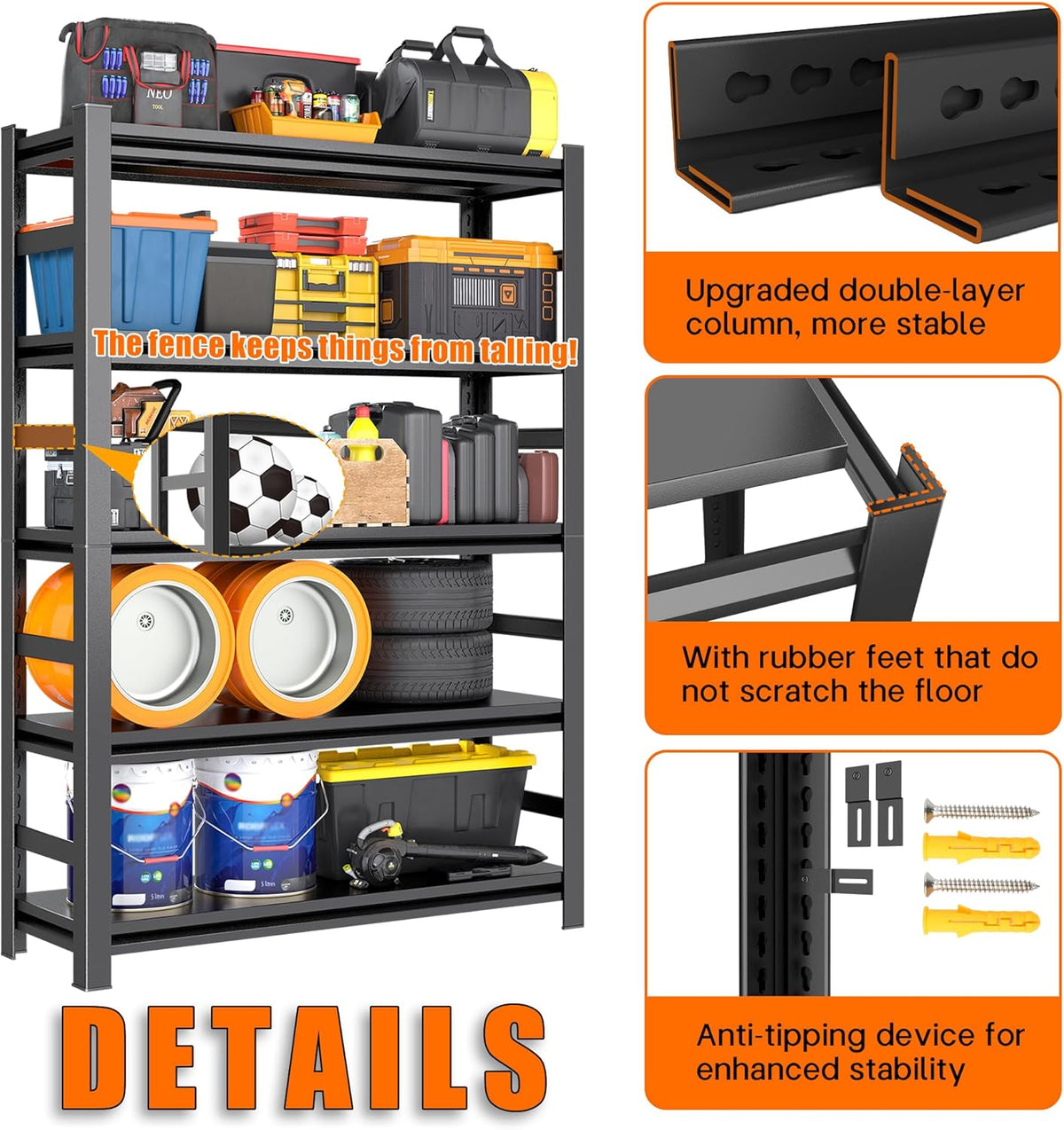 72"H Garage Shelving Heavy Duty Rack, 3500 LBS Large Capacity 5 Tier Adjustable Storage Shelves, Metal Industrial Shelf Units for Garage, Basement and Warehouse, 72"H×35.4"W×15.75"D, Black