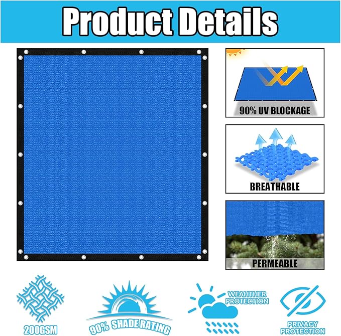 Amagenix 90% Pergola Shade Cover 6' X 12' Sun Shade Cloth with Grommets for Outdoor Garden Patio Porch, Commercial Grade 200 GSM - Cable Zip Ties Included (We Customized) GN108, Blue