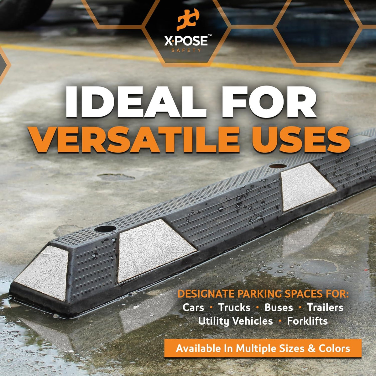 Xpose Safety 72" Heavy Duty Rubber Parking Stopper – Bulk Half Pallet 24 Pack Wheel Blocks for Garage, Driveway, or Ramp – Car Bumper Stop with White Reflective Strips – Removable Floor Mount