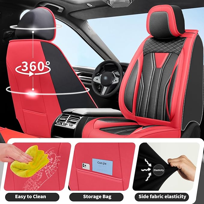 Fit Kona Car Seat Covers for Select Hyundai Kona 2018-2025 2026. Premium Leather, Waterproof， Breathable, Scratch-Resistant & All-Weather Seat Cushion Protector (Front Pair, Red&Black)
