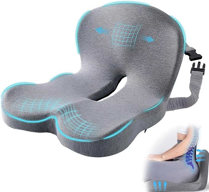 Ergonomic Seat Cushion with Adjustable Strap, Memory Foam Office Chair Seat Cushion with L-Shaped Design, Car Seat Cushion Fits for Truck Driver Semi Truck, Gaming Chair, Desk, Light Gray