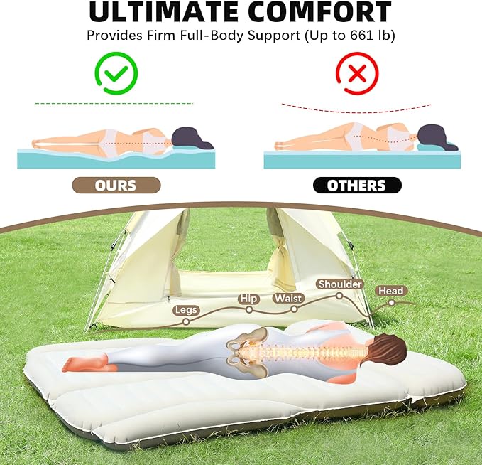 KMZ SUV Air Mattress Double Sided Thickened Flocking Car Bed – Portable Inflatable Mattress Pad for Camping & Travel with 2 Pillows & Electric Pump (Off-White and Coffee)