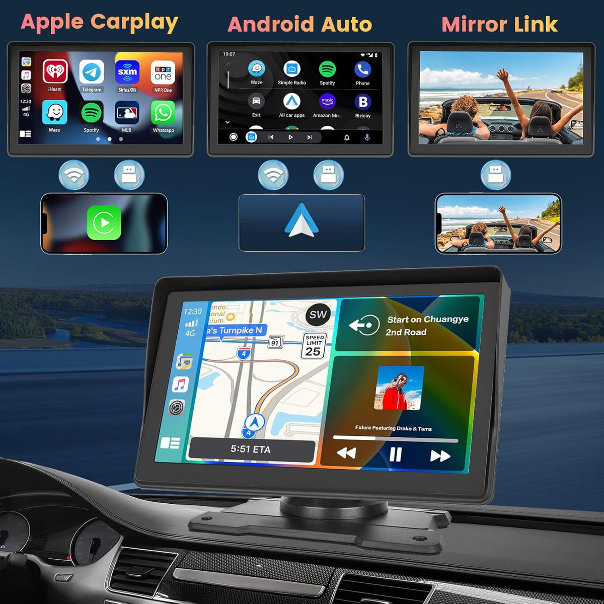 Hikity Wireless Carplay Android Auto Portable Car Stereo 7 Inch Touchscreen Car Screen with Airplay, Voice Control, Bluetooth, FM, USB/TF/Av Input, Dash and Windshield Mount, Backup Camera
