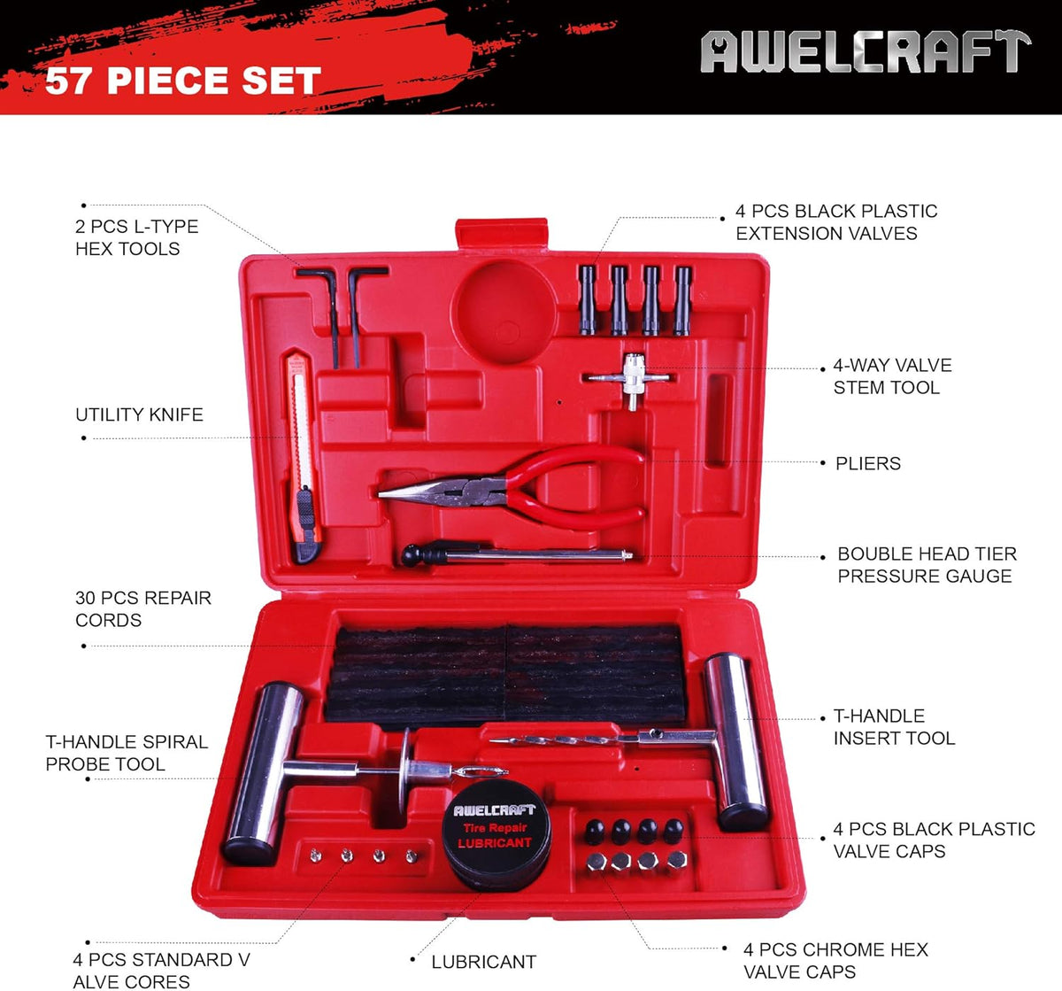 Heavy Duty Tire Repair Tools Kit - 57 PCS Set Truck Tool Box for Motorcycle, Car, ATV, Jeep, Truck, Tractor Flat Tire Plug Kit