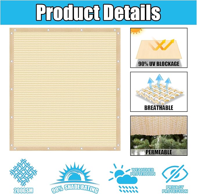 Amagenix 90% Pergola Shade Cover 6' X 9' Sun Shade Cloth with Grommets for Outdoor Garden Patio Porch, Commercial Grade 200 GSM - Cable Zip Ties Included (We Customized) GN108, Wheat