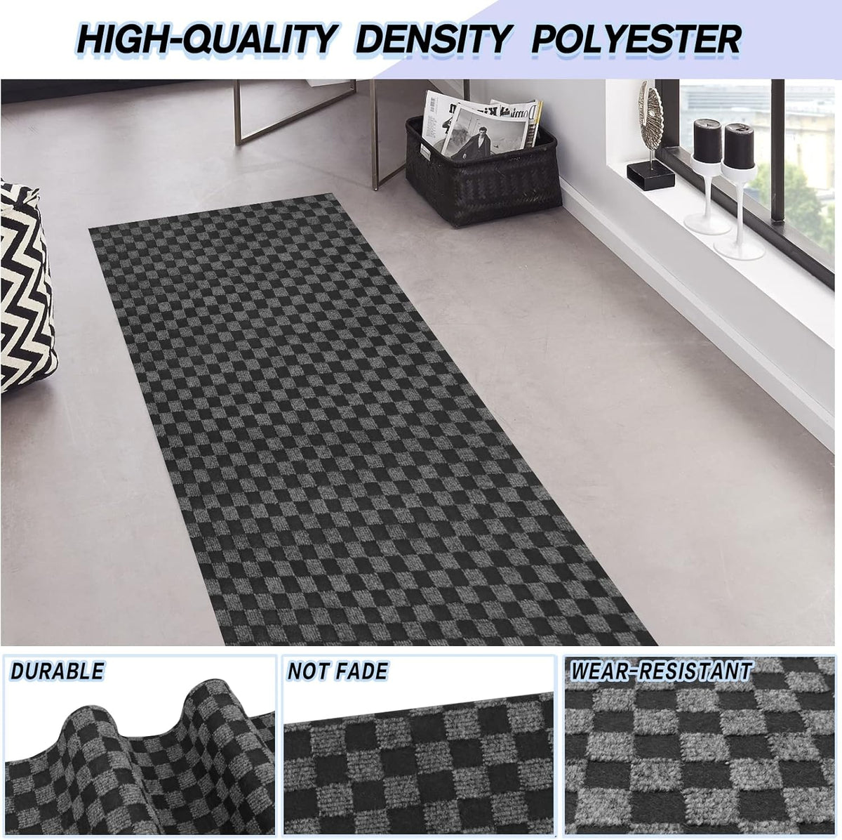 Custom Size Backed Non-Slip Area Rugs Runner, Easy Clean, Waterproof Runner Rugs for Hallway Entryway, Kitchen, Laundry, 4FT x 40FT, Gray Checkered