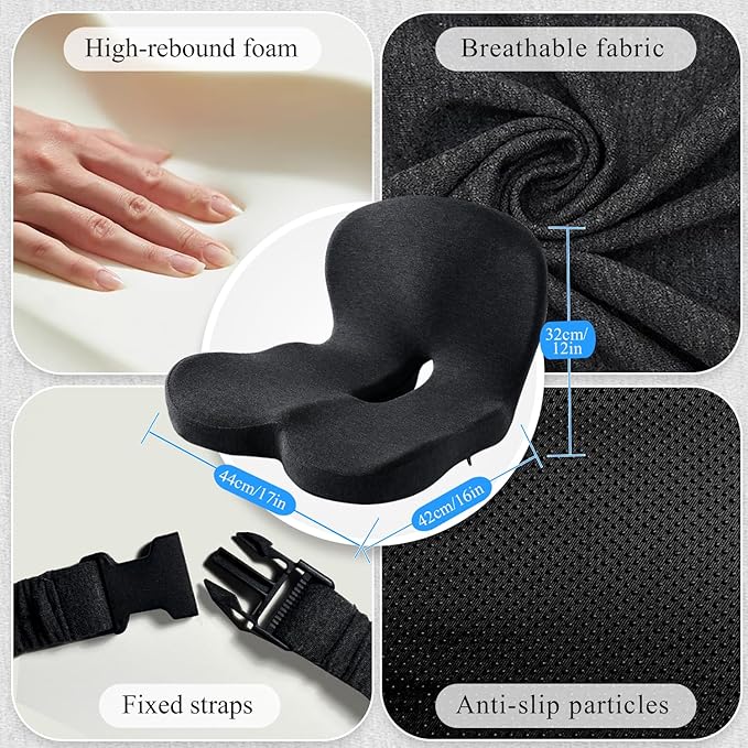 Ergonomic Seat Cushion with Adjustable Strap, Memory Foam Office Chair Seat Cushion with L-Shaped Design, Car Seat Cushion Fits for Truck Driver Semi Truck, Gaming Chair, Desk, Dark Gray