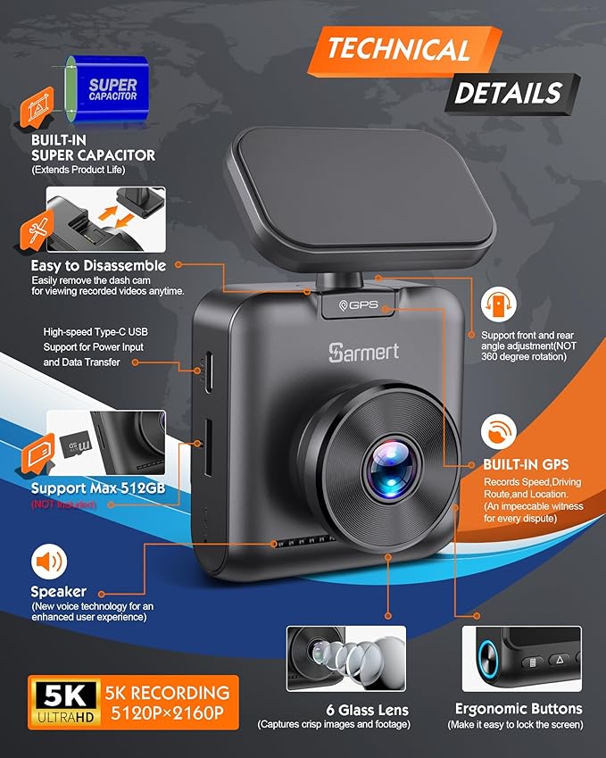 Sarmert C1 5K Dash Cam Front - Built-in GPS and 5G WiFi, Sony STARVIS Sensor, HDR Night Vision Car Camera, 5K/4K/2.5K UHD Dash Camera for Cars, Loop Recording, WDR, G-Sensor, 24H Parking Mode