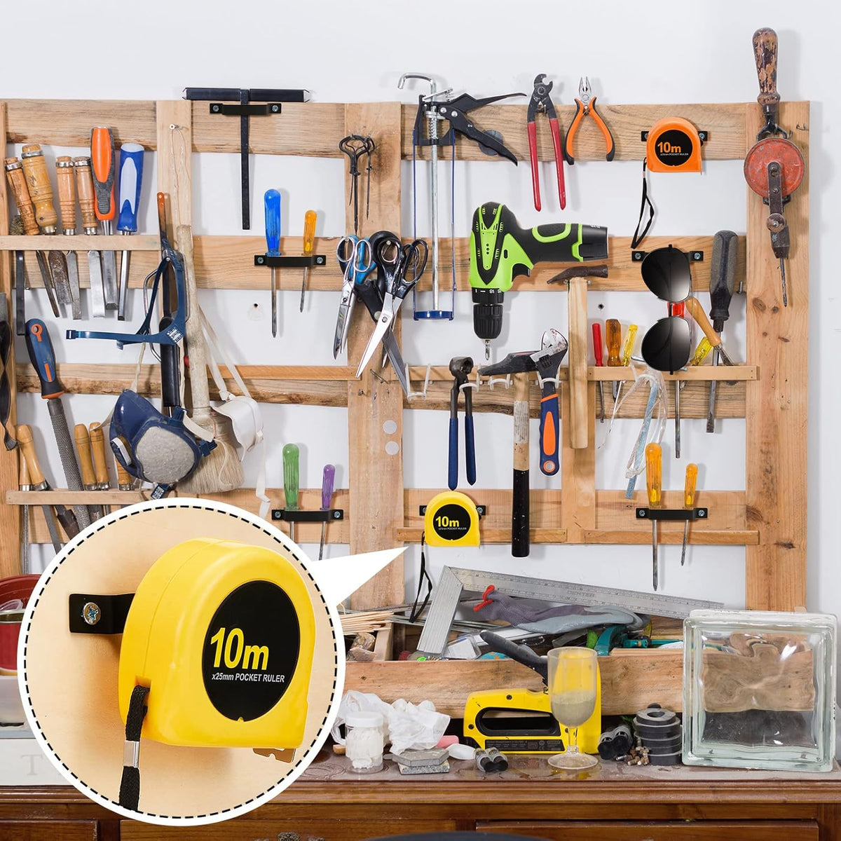 12 Pcs Tape Measure Clip Tape Measure Holder Bench Belt Universal Tool with Screws Stainless Steel Tool Hanger Storage Dock for Mount Drill Power Measures and Belt Clips (Black)