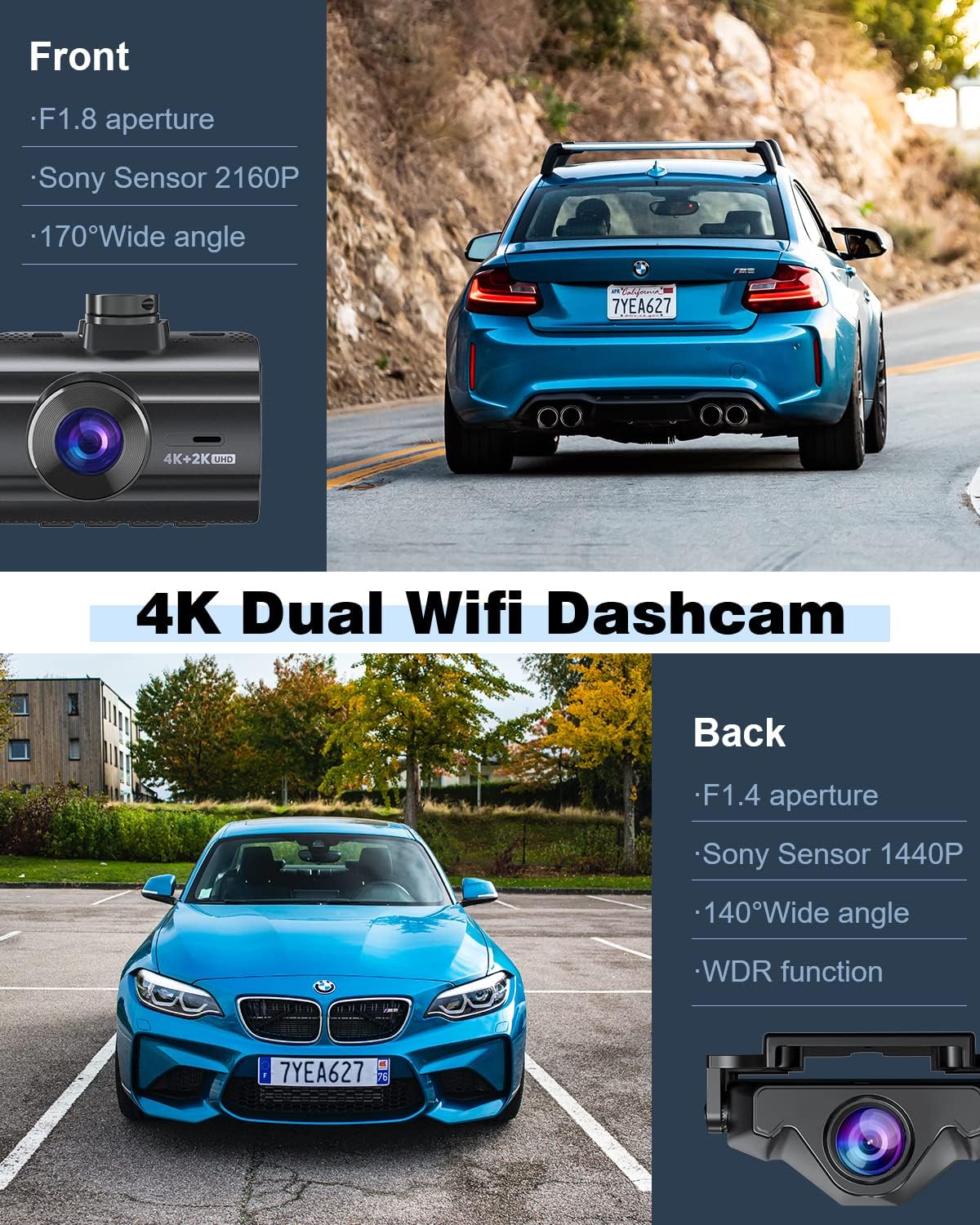 4K Dash Cam Front and Rear, Car Dash Camera Built-in WiFi GPS, Free 64GB Card, UHD 2160P Night Vision, WDR, 170°Wide Angle, WDR, 24H Parking Monitor