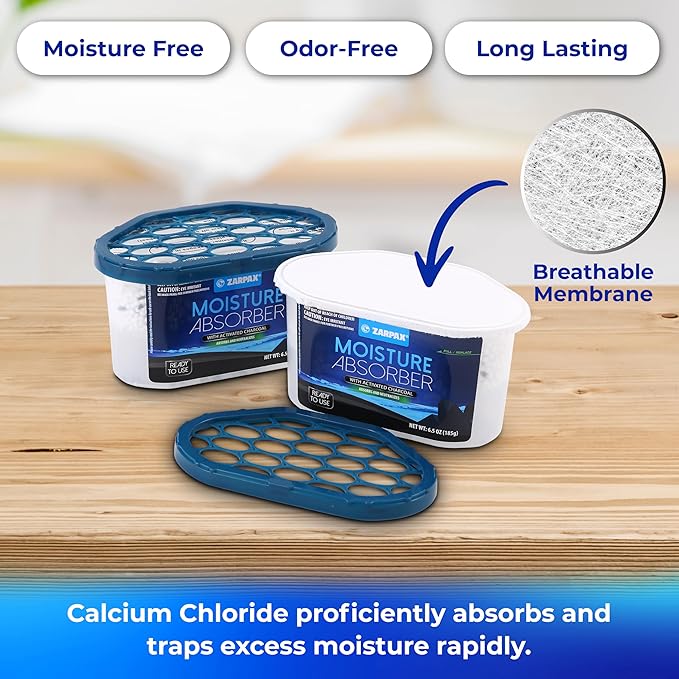ZARPAX Moisture Absorber Activated Charcoal 6.5 oz/185g | Removes Moisture, Damp, Humidity & Odors | Odor Absorber | Moisture Trap for Bathroom, Closet, Kitchen & Small Spaces | Set of 6