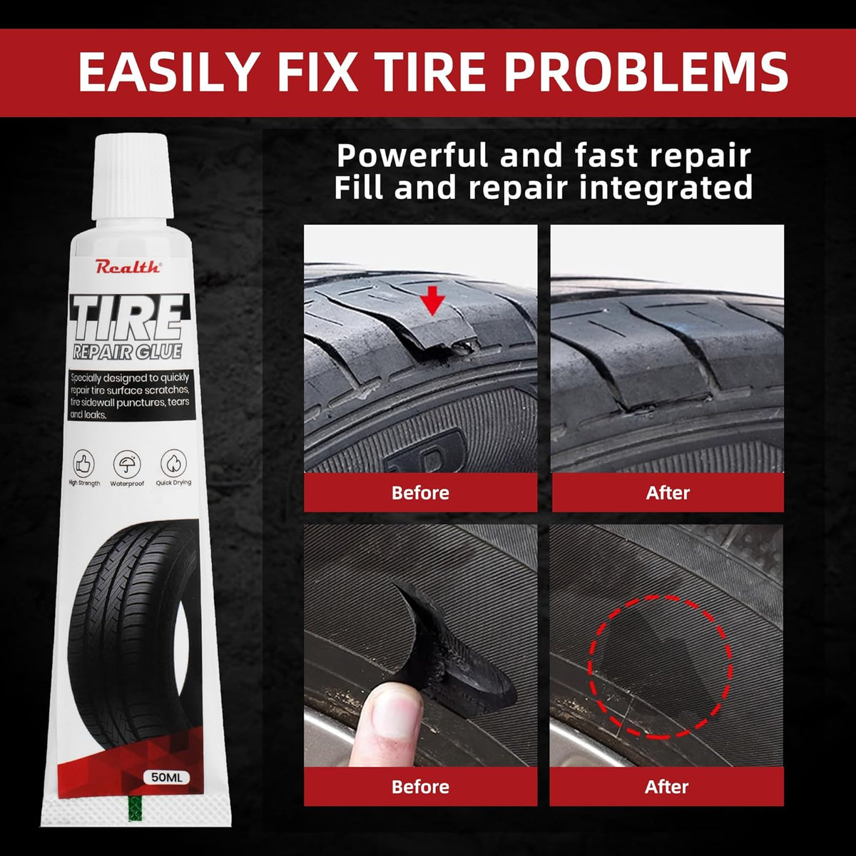 Tire Repair Glue 50ml, Rubber Cement Tire Repair, Tire Plug Glue, Tire Patch Glue Heavy Duty, Three Sizes Tire Repair Nail 9 Pcs, Sidewall Tire Repair Kit for Car, Motorcycle, Bike, Truck, Tractor