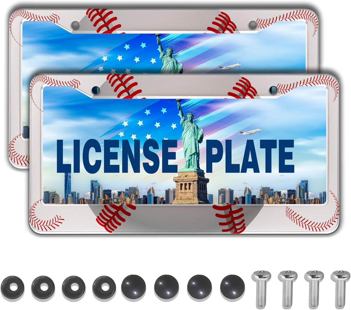 License Plate Frames for Men Red and White License Plate Cover for Women Baseball Texture Aluminum Metal Car Accessory 2 Pack with Screw Covers Set