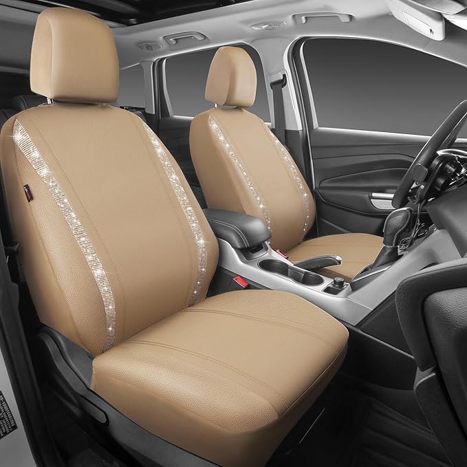 CAR PASS Leather Bling Diamond Car Seat Covers 2 Front Interior Sets, Waterproof Universal Shining Glitter Crystal Sparkle Fit for 95% Automotive Truck SUV Cute Women Girl, Beige Rhinestone
