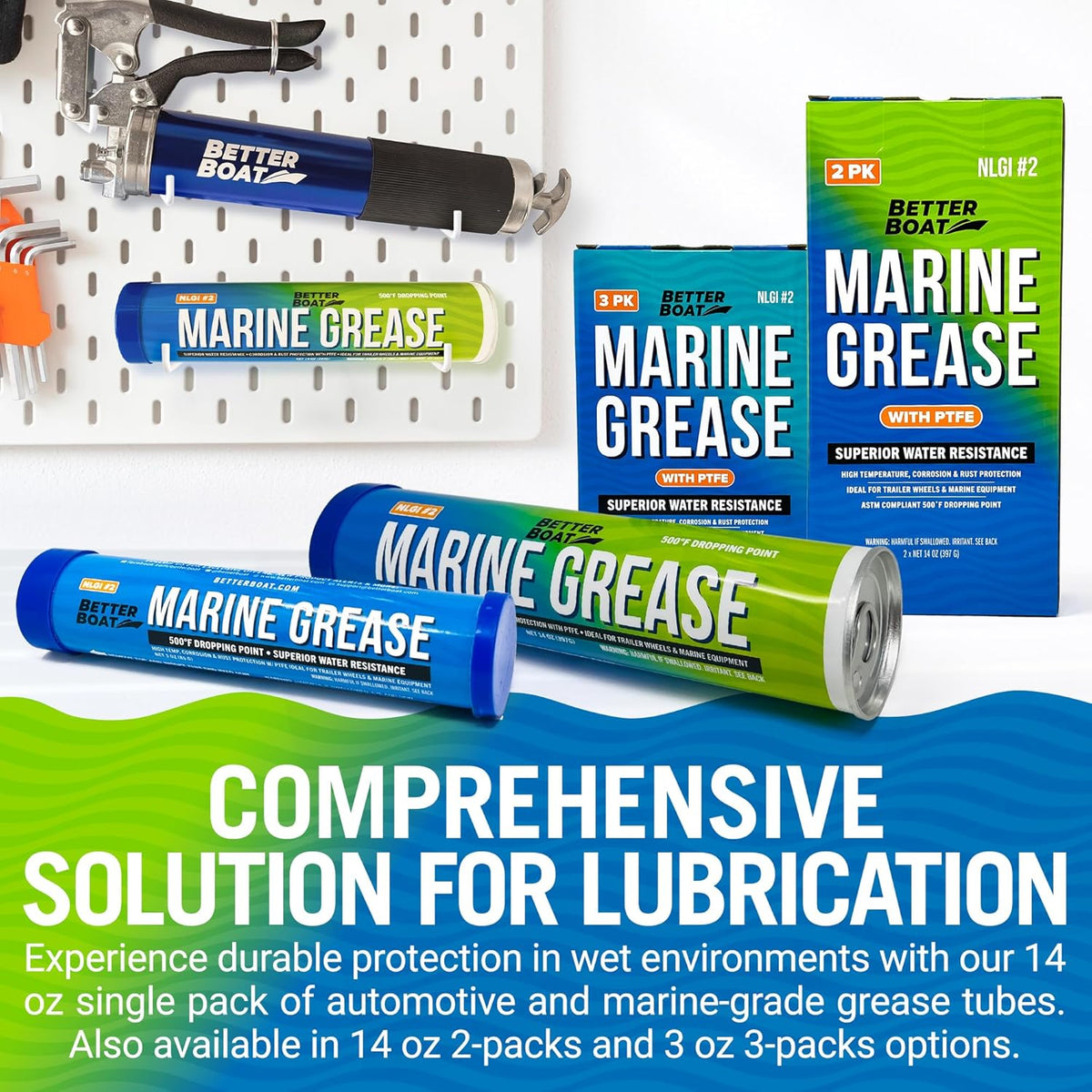 Better Boat Marine Grease Tube, 14 Oz, Waterproof High Temp Trailer Bearing Lubricant, NLGI 2, Compatible with Grease Guns