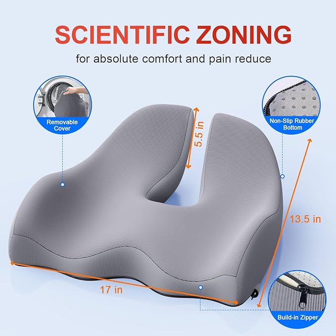 Benazcap X Large Memory Seat Cushion for Office Chair Ergonomic Cushions Butt Pillow for Pressure Relief Sciatica & Pain Relief Memory Foam for Long Sitting for Gaming Chair and Car Seat-Dark Grey