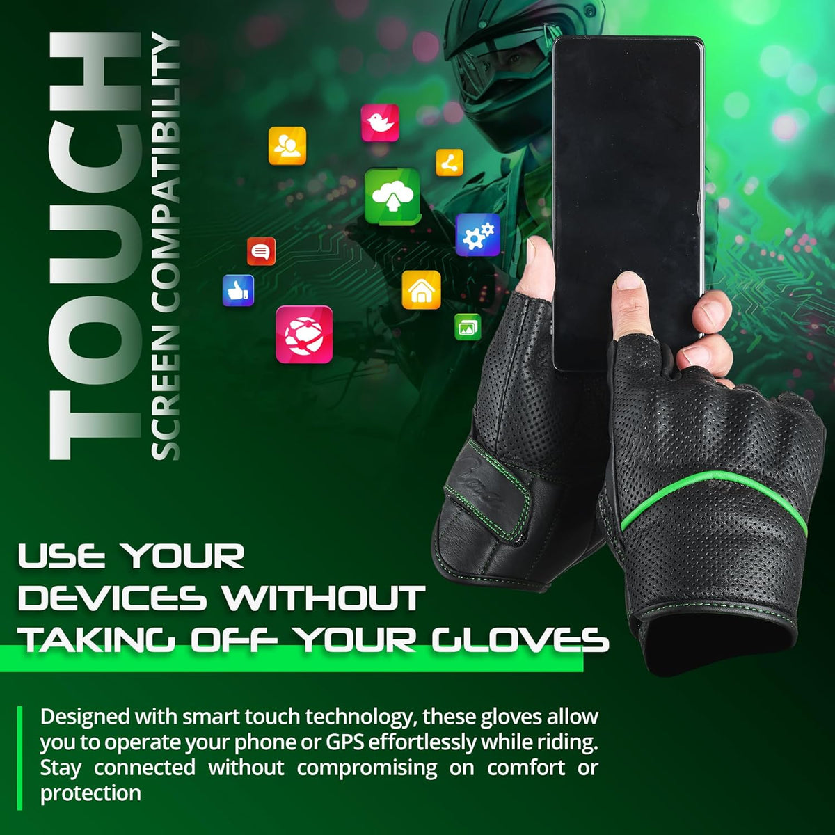 aasportx Motorcycle Gloves - Men's Leather Motorbike Gloves with Touchscreen Function - Non-Slip Pads for Men & Women