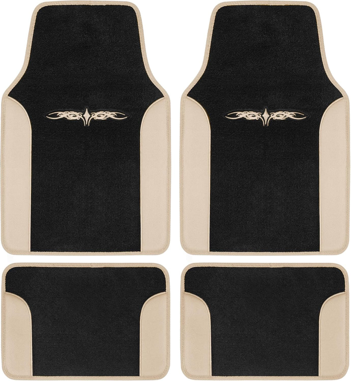 BDK carXS Fresh Two-Tone Carpet Floor Mats, Tribal Tattoo Design with Vinyl Trim for Car Sedan Truck SUV, Front & Rear Set of 4, Beige