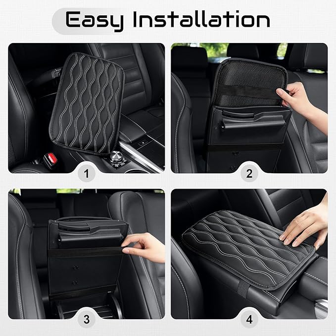 Amiss Auto Center Console Pad, Universal Waterproof Armrest Seat Box Cover, Car Interior Accessories, Leather Auto Armrest Cover Protector for Most Vehicle, SUV, Truck (White Line)