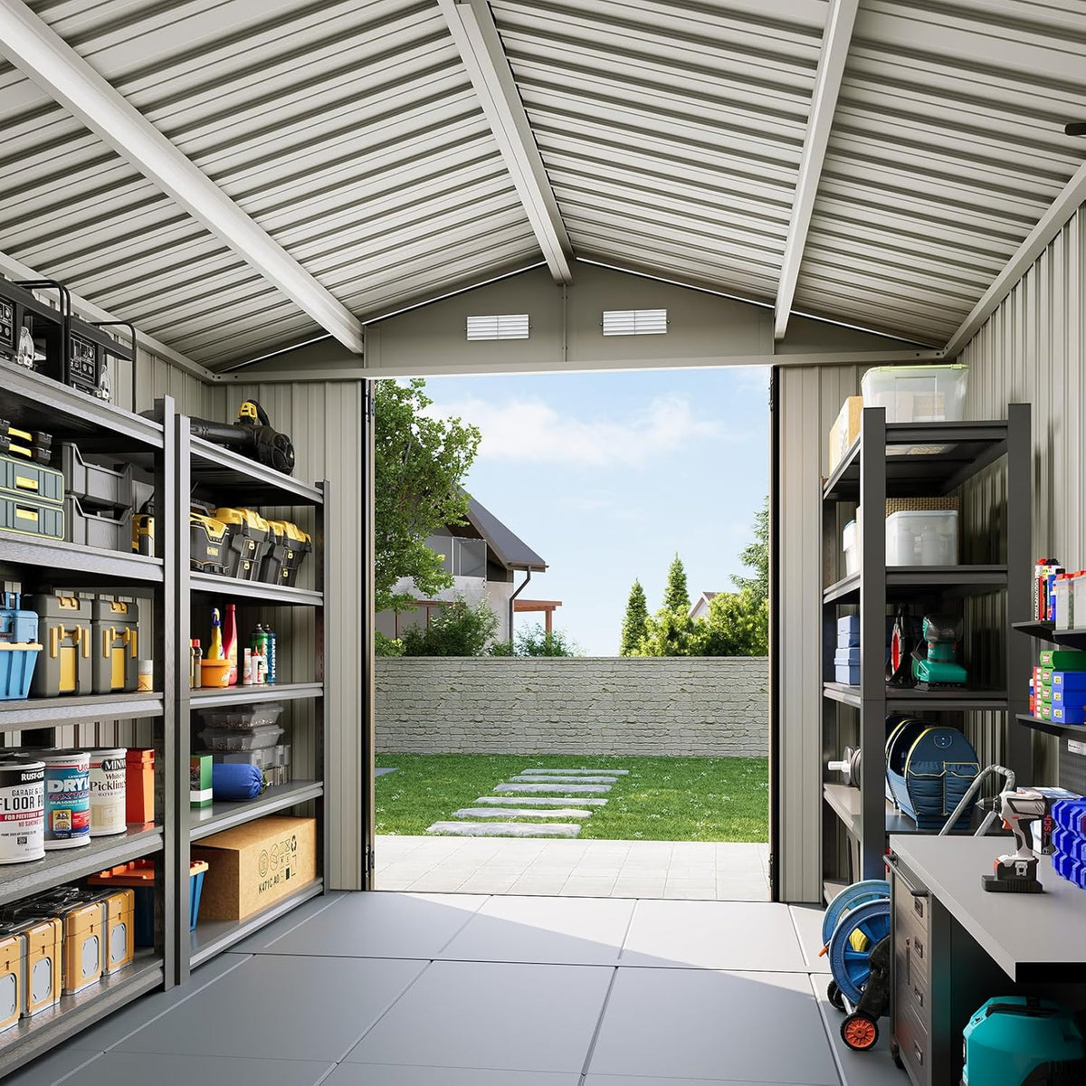 8x6 FT Outdoor Storage Shed with Floor & Lockable Double Doors, Heavy-Duty Galvanized Steel Outdoor Metal Shed for Bike, Tool, Generator Storage in Backyard, Patio (8’x6’, Floor)