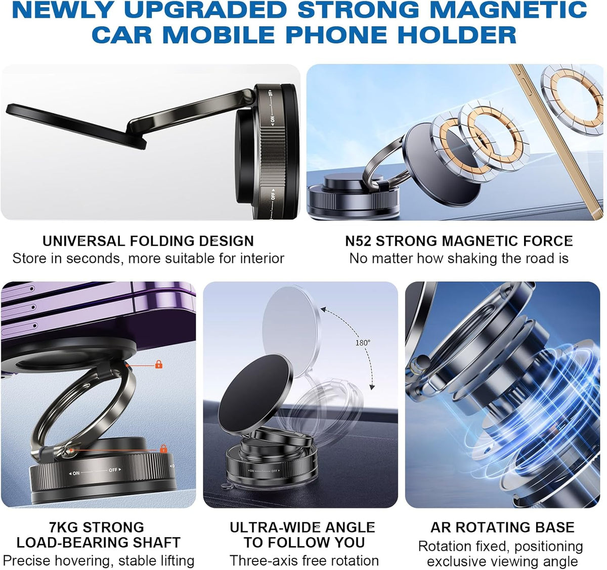 Vipbu Phone Mount, Vipbu Phone Holder, Car Phone Holder, 360° Adjustable Vacuum Magnetic Phones Holders, Foldable Car Mount, Universal Adjustable Stand for Phone Smartphones (White)