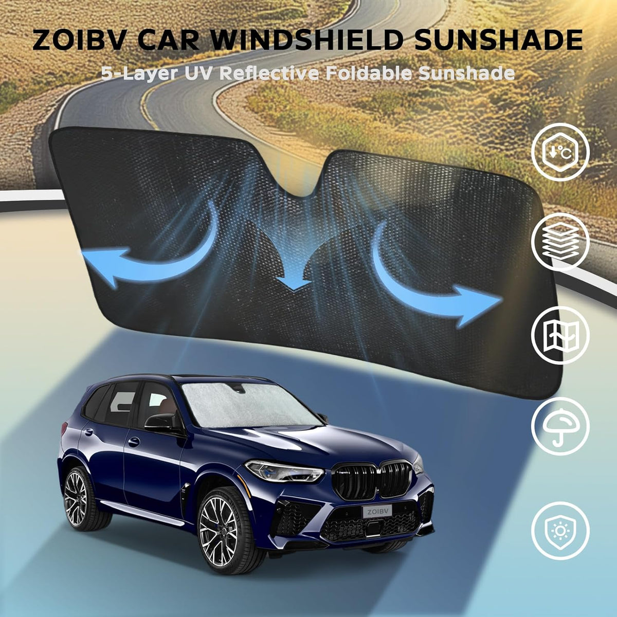 Windshield Sun Shade for BMW X5 2019-2025 - 5-Layer Bubble Foldable Front Window Shade Sun Visor Accessories - Blocks Heat & UV Rays