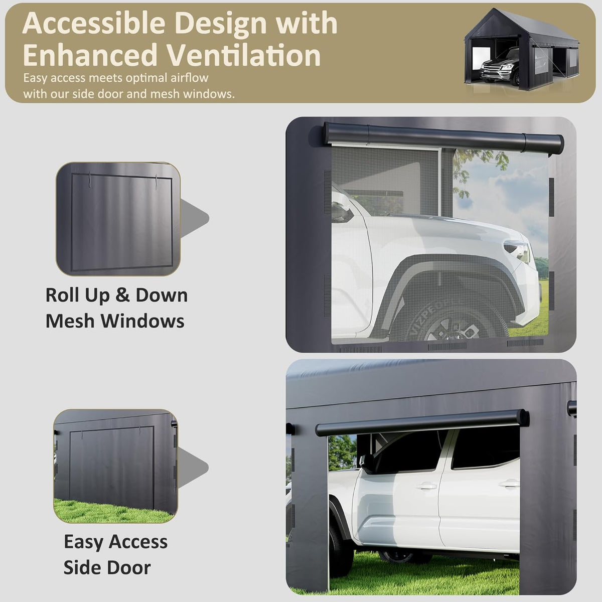 Carport 12' x 20' Heavy Duty Portable Garage, Carport Canopy with Side-Opening Door & Roll-Up Windows, Car Canopy Reinforced Four-Hole Base for Car, Truck, Boat, Party, Black
