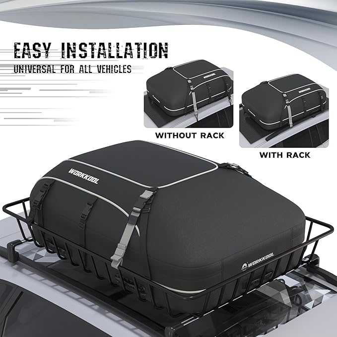 Rooftop Cargo Carrier Vehicle Soft-Shell Carriers, Heavy Duty Car Roof Bag Waterproof Without Rack, Car Topper Luggage Carrier-with 6 Hooks,Mat&Coded Lock(15 Cuft)