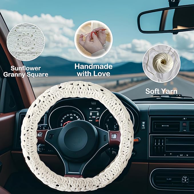 Crochet Steering Wheel Cover, Sunflower Steering Wheel Cover, 14-15 inch, Universal fit, Boho Car Accessories, for Men, Women and Girly, White (A Wheel Cover)
