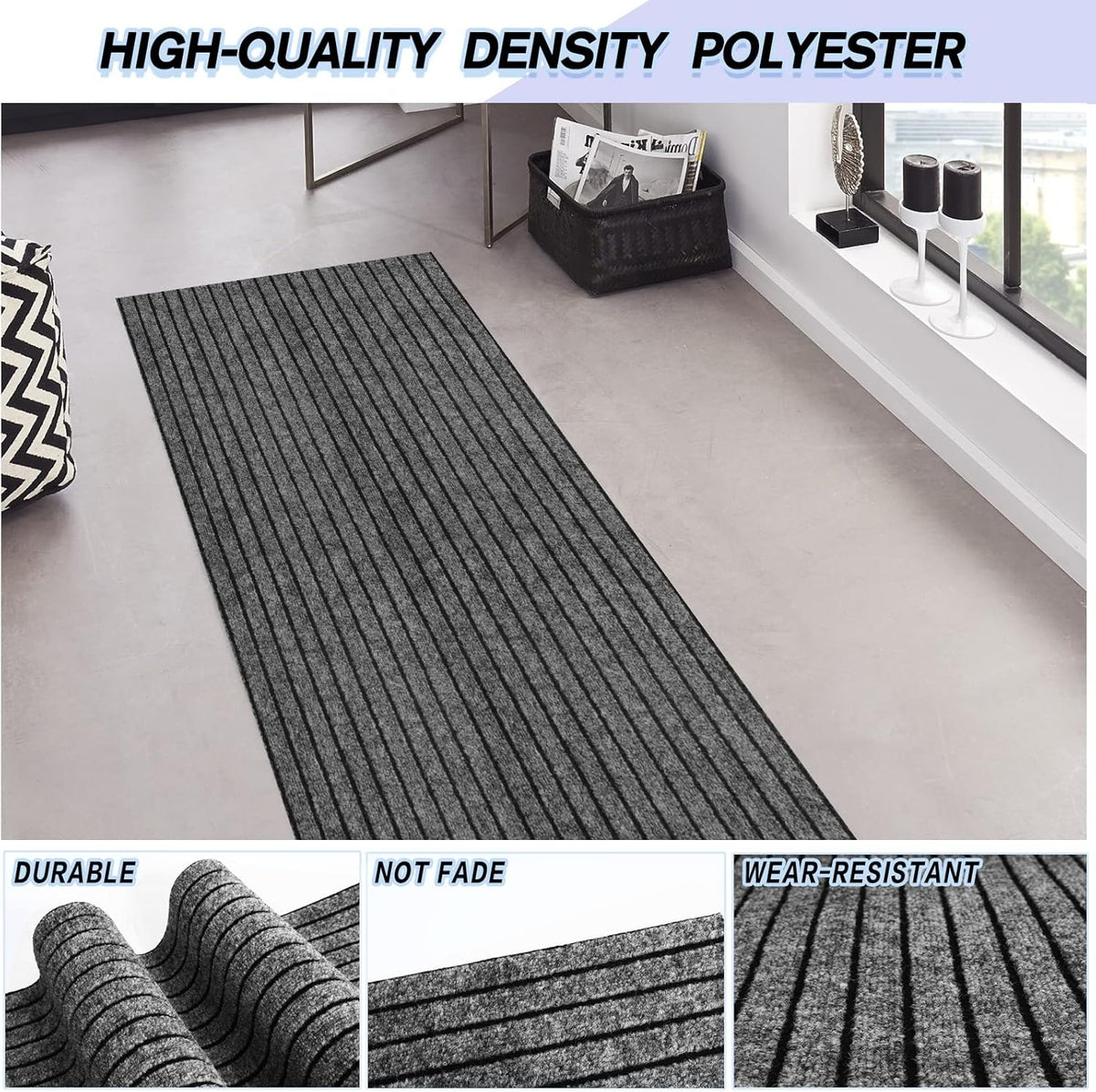 Custom Size Backed Non-Slip Area Rugs Runner, Easy Clean, Waterproof Runner Rugs for Hallway Entryway, Kitchen, Laundry, 3FT x 41FT, Gray Stripe