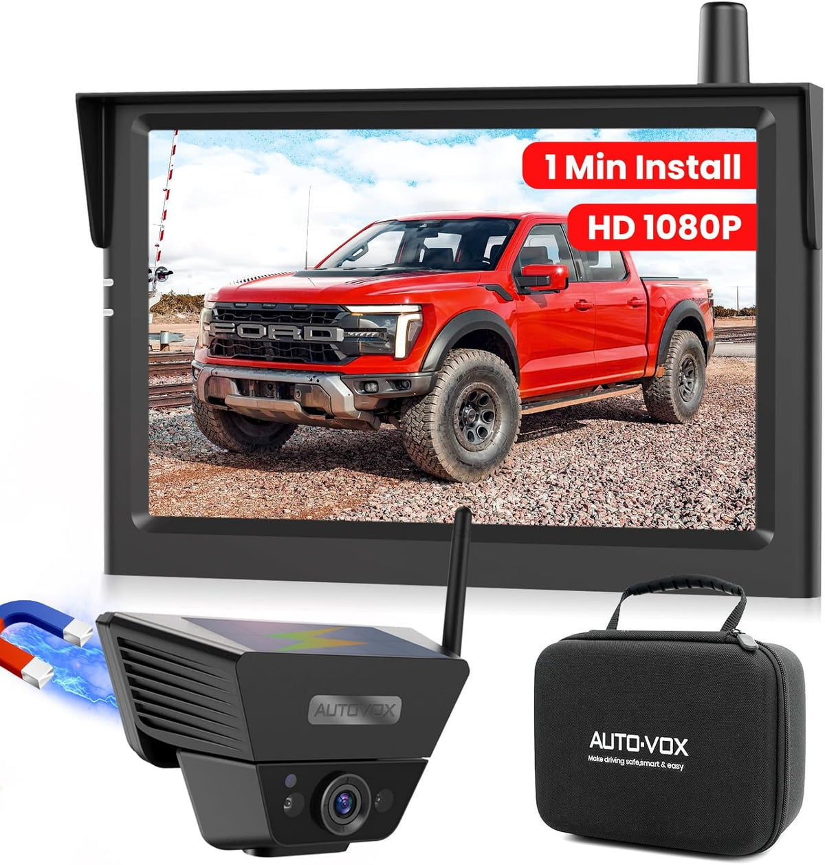 AUTO VOX Wireless Backup Camera Solar Magnetic: Portable Storage Bag Include,1-Min Easy Installation,5" 1080P Monitor, 380FT Signal Stable Coverage Back Up Camera for Truck, SUV, RV,Trailer, Van