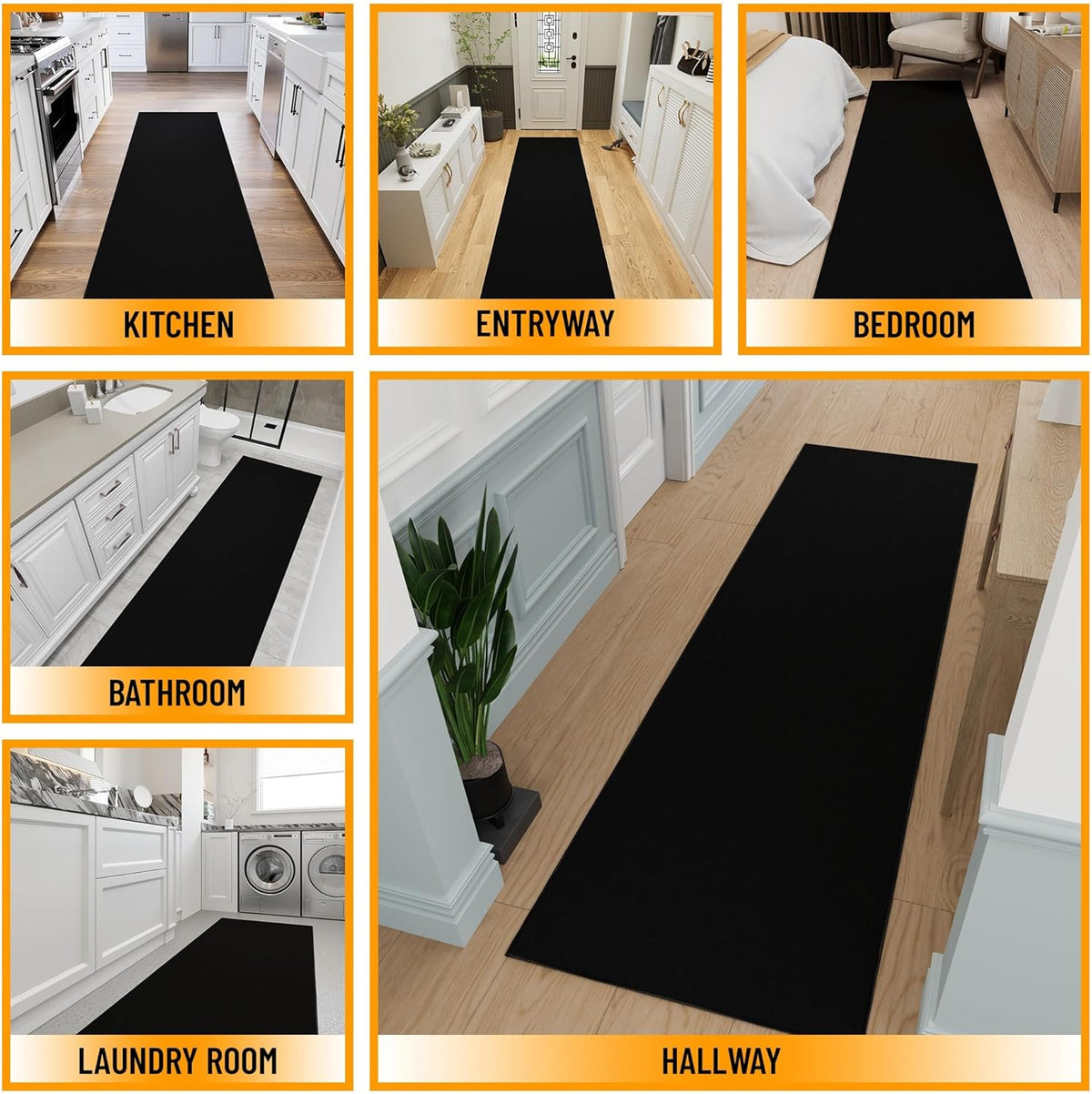 Ottomanson Hallway Runner Rug 1'10" x 12' Non Slip Solid Area Rugs Easy to Clean Laundry Rug Runner Durable & Pet Friendly Floor Carpet Runners for Hallways Entryway Living Room Kitchen, Black