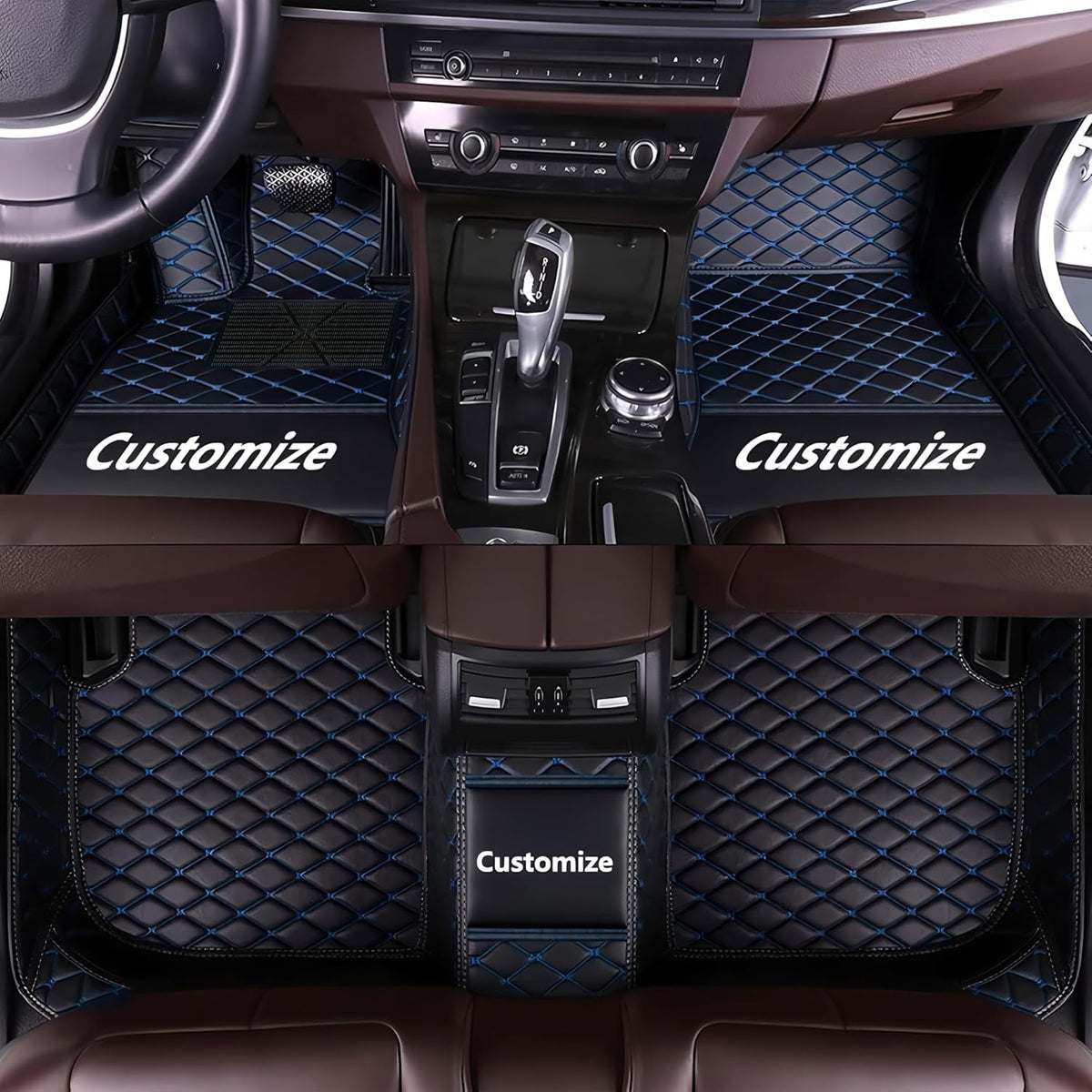 Custom Personalized Floor Mats for Cars，Luxury Full Coverage All Car Floor Mats，Anti-Slip Leather Car Mat Set ，Custom Floor Mats for 99% of Cars, Trucks & SUVs. (Black Blue)