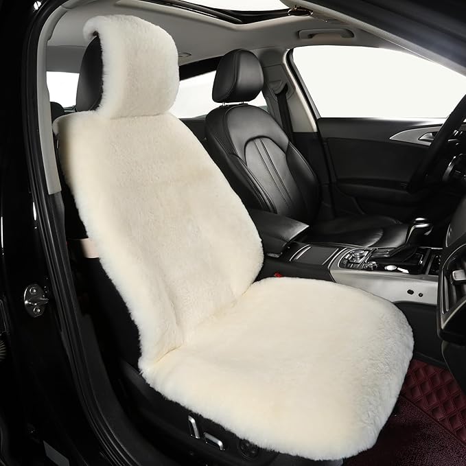 Natural Fur Sheepskin Universal car seat Covers for seat Cushion Auto Accessories, (Pearly White, Universal Fit)