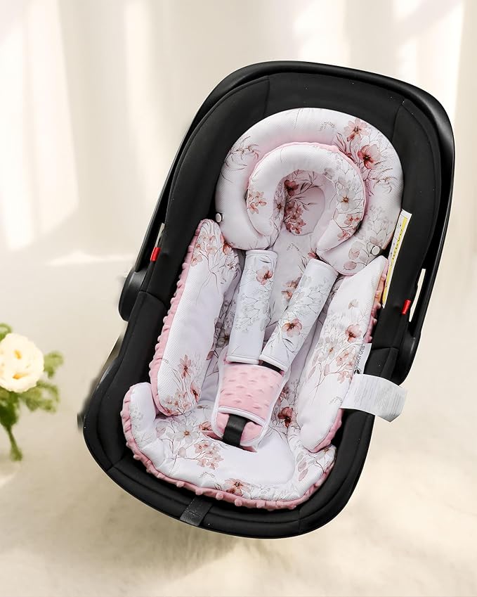Infant Car Seat Insert with Removable Cushion for Baby Preemie Newborn Infant, Reversible carseat Insert Head Body Support Fits for Stroller, Baby Swing, Rocker, Bouncer, Bassinet - Pink