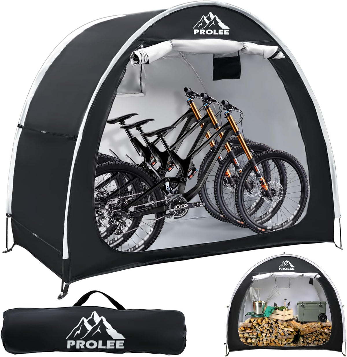 PROLEE Bike Shed 6.6FT, Waterproof Oxford Fabric Storage Tent for 2 Bikes, Outdoor Storage with Window Design, Black