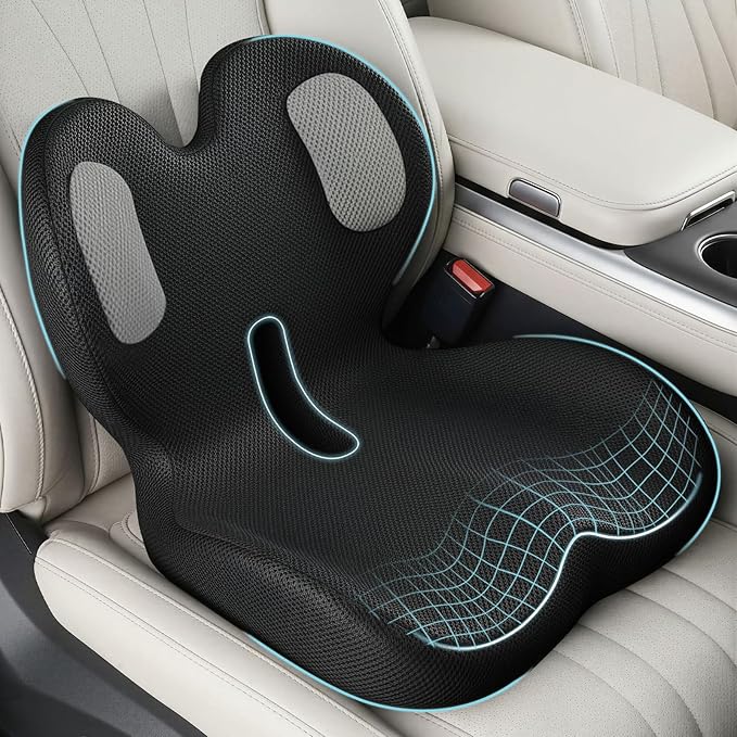 Trucker Seat Cushion, Car Seat Cushions with Lumbar Support Pillow, Ergonomic L-Shaped Orthopedic Memory Foam Pad for Long Driving Back Pain Sciatica Relief, Drivers Office Workers (Black+Mesh Cloth)