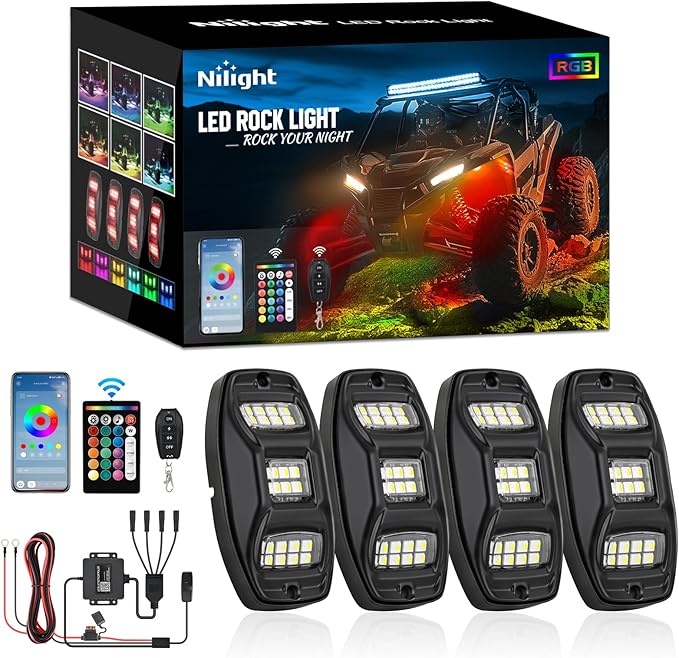 Nilight RGBW LED Rock Lights Kit, 4 Pods 22LED Wide Angle Remote & Bluetooth App Dual Control with Music Modes Multicolor Underglow Neon Wheel Well Light Fit for ATV UTV SUV Offroad Truck RZR Boat