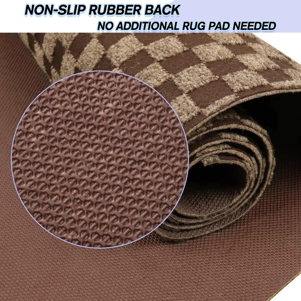 Custom Size Backed Non-Slip Area Rugs Runner, Easy Clean, Waterproof Runner Rugs for Hallway Entryway, Kitchen, Laundry, 3FT x 62FT, Brown Checkered