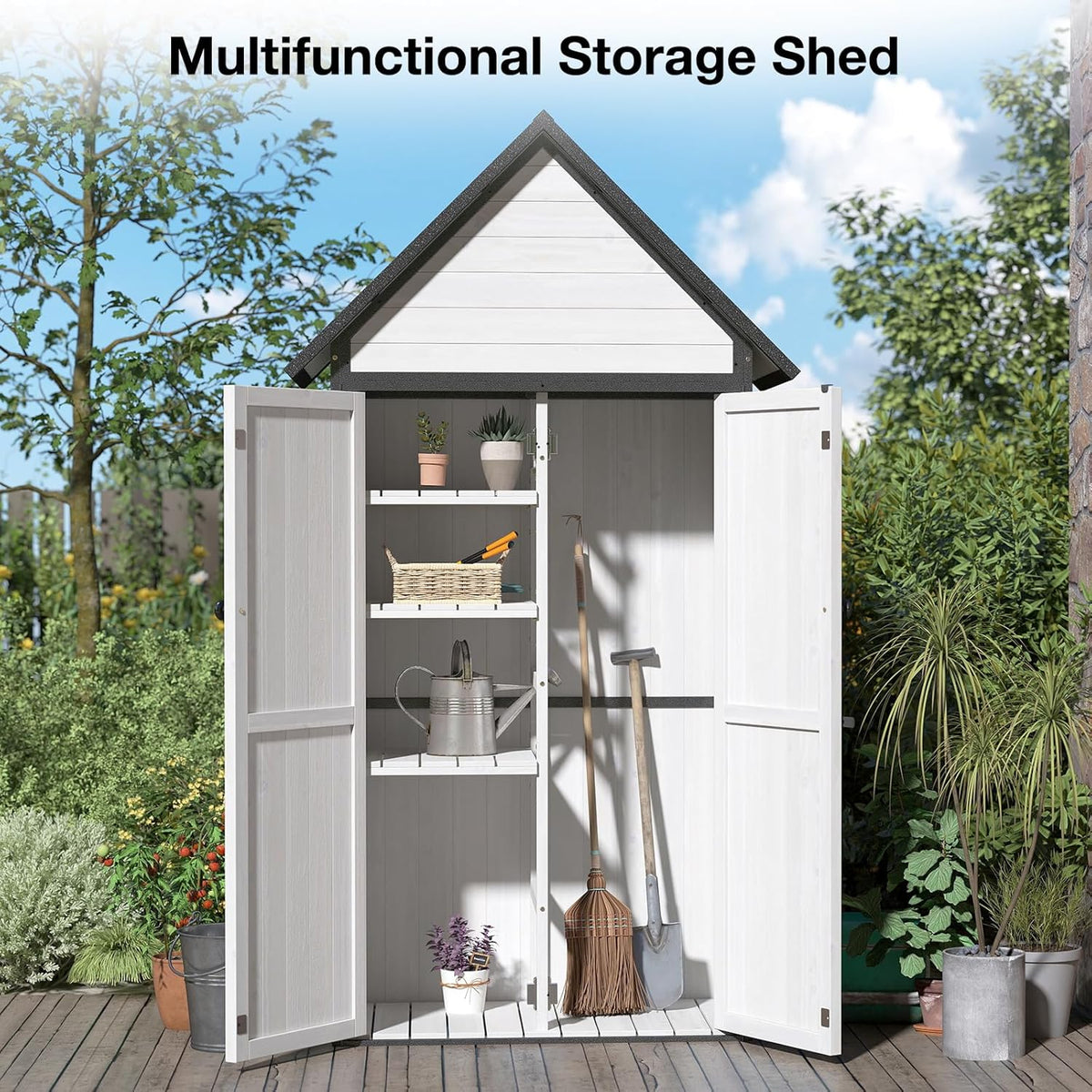 Outdoor Storage Shed with Sloped Roof - Heavy-Duty Metal & Wood Garden Cabinet, Adjustable Shelves, Large Capacity Waterproof Design for Patio, Garage, Backyard (Off White)