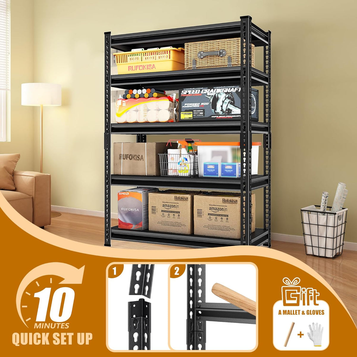 40" W Garage Shelving Heavy Duty，2000LBS Loads Adjustable Garage Storage Shelves, 5-Tier Metal Shelving Units and Storage Racks Heavy Duty, 40”W x 18”D x 72”H，Black